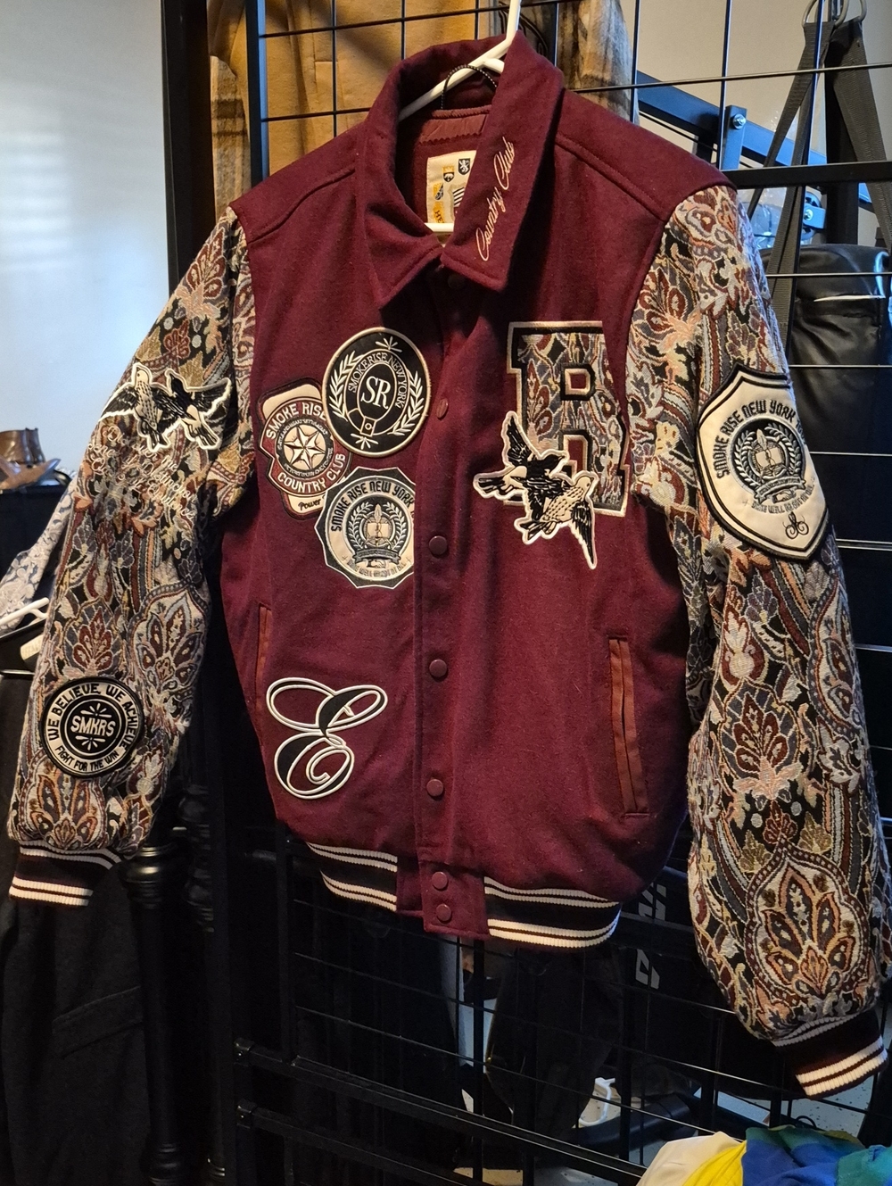 Embellished Burgundy Varsity Jacket with Patterned Sleeves